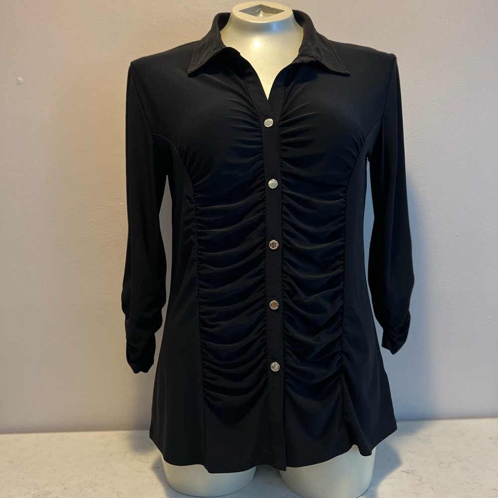 Nine West Black Ruched Button Down Collared  Blouse great condition size medium